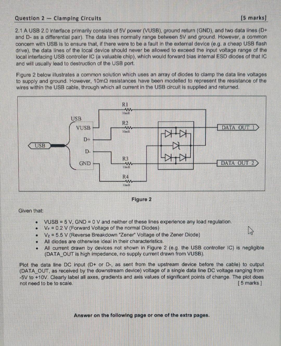 Question 2 Clamping Circuits 5 Marks 2 1 A Usb 2 0 Interface Primarily Consists Of 5v Power Vusb Ground Return G 1