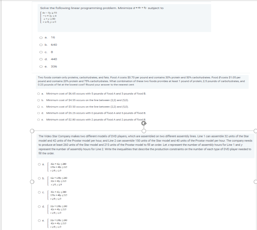 Solve The Following Linear Programming Problem Minimize G 4x By Subject To 4x 5y 250 X 2y24 X Y 80 X20 Y 20 O A 16 1