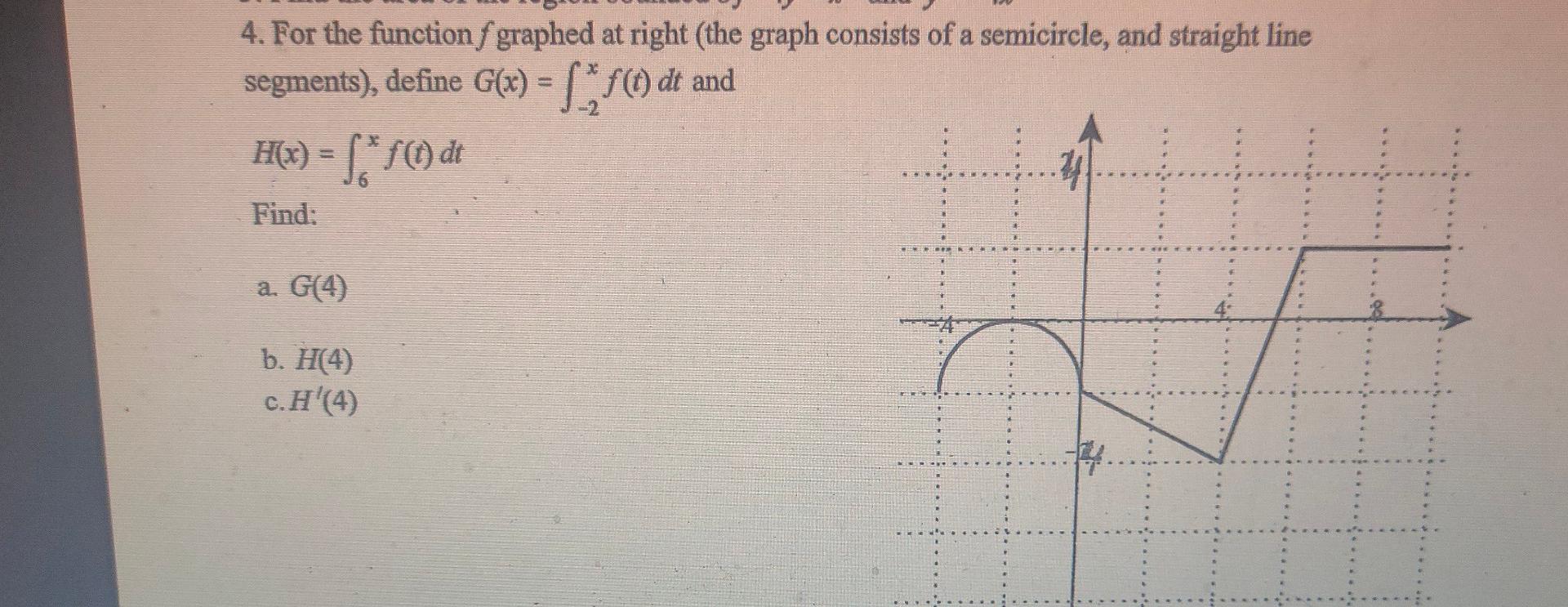 4 For The Function Fgraphed At Right The Graph Consists Of A Semicircle And Straight Line Segments Define G X F 1