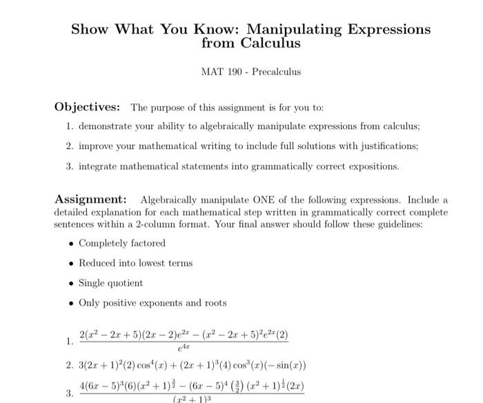 Show What You Know Manipulating Expressions From Calculus Mat 190 Precalculus Objectives The Purpose Of This Assignmen 1