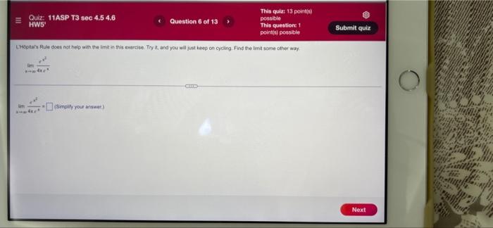 Quiz 11asp T3 Sec 4 5 4 6 Hw5 Question 6 Of 13 This Quiz 13 Point S Possible This Question 1 Point S Possible L Ho 1