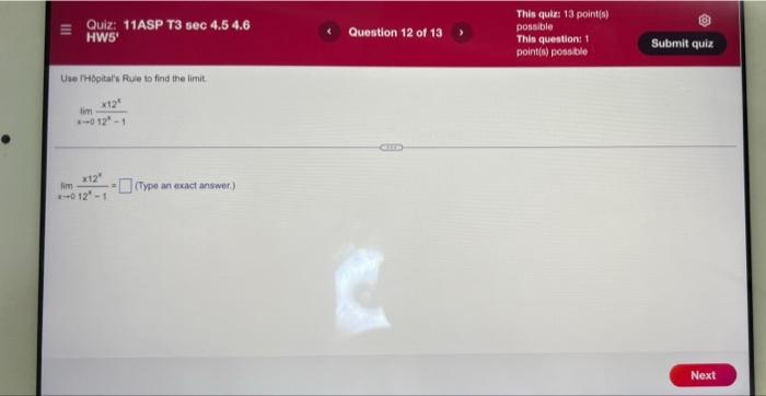 Quiz 11asp T3 Sec 4 5 4 6 Hw5 Question 6 Of 13 This Quiz 13 Point S Possible This Question 1 Point S Possible L Ho 10
