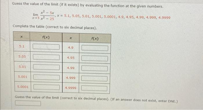 Guess The Value Of The Limit If It Exists By Evaluating The Function At The Given Numbers X 5x Lim X 5x 25 X 5 1 1