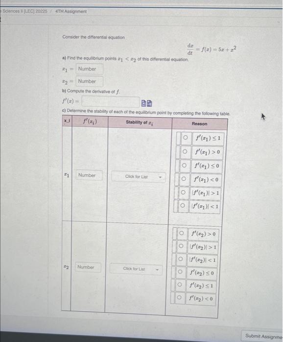 Sciences Lec 20225 4th Assignment Consider The Differential Equation Dz F Z 5z 2 Dt A Find The Equilibrium Point 1
