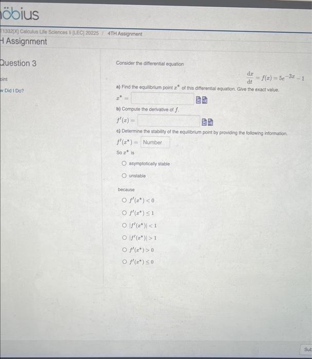 Obius 1332x Calculus Life Sciences Li Lec 20225 4th Assignment Assignment Question 3 Bint W Did I Do Consider The 1