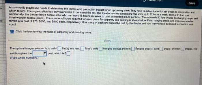 Save Dr A Community Playhouse Needs To Determine The Lowest Cost Production Budget For An Upcoming Show They Have To De 1