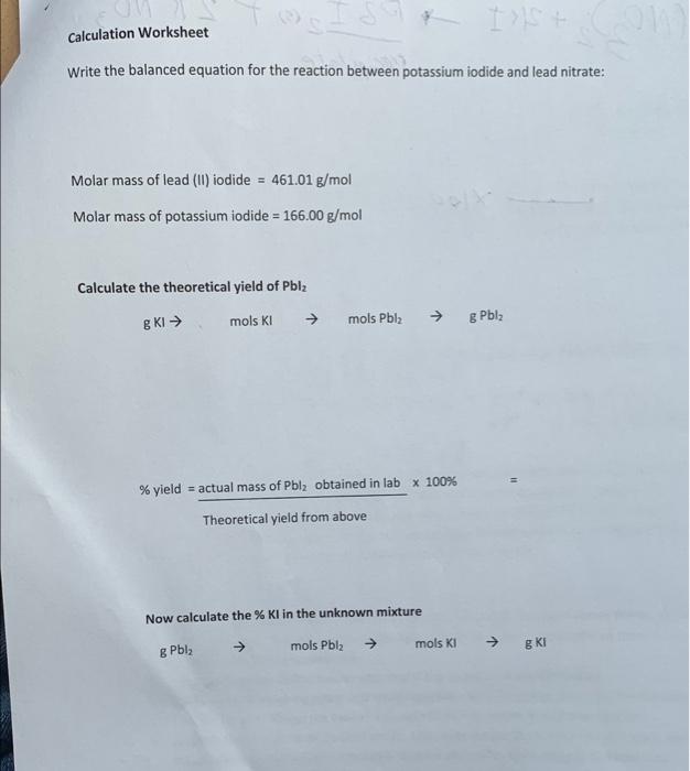 Is Calculation Worksheet Write The Balanced Equation For The Reaction Between Potassium Iodide And Lead Nitrate Molar M 2