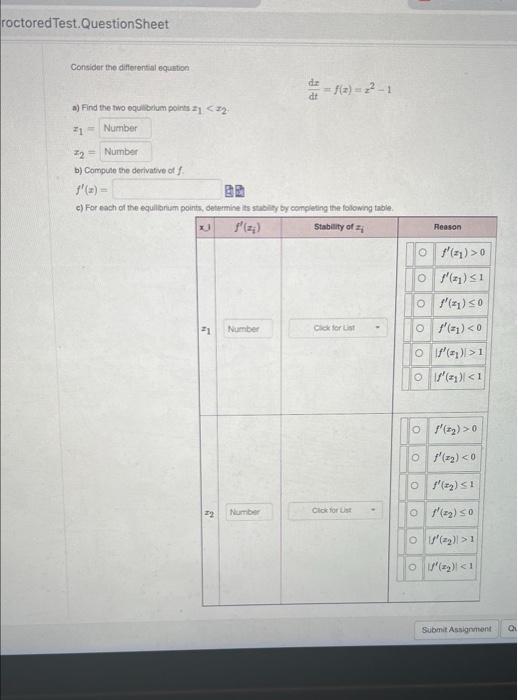 Roctored Test Questionsheet Consider The Differential Equation Dz F 2 2 1 Dt A Find The Two Equilibrium Points 1 1
