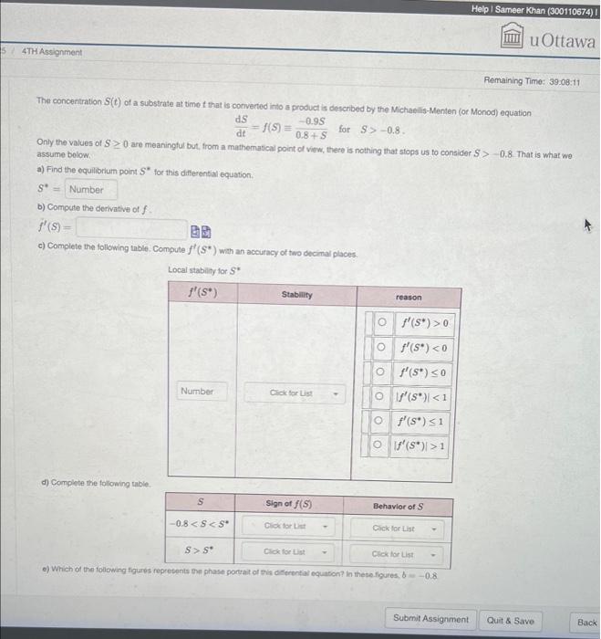 Help I Sameer Khan 300110674 I U Ottawa 5 4th Assignment Remaining Time 39 08 11 The Concentration S T Of A Substra 1