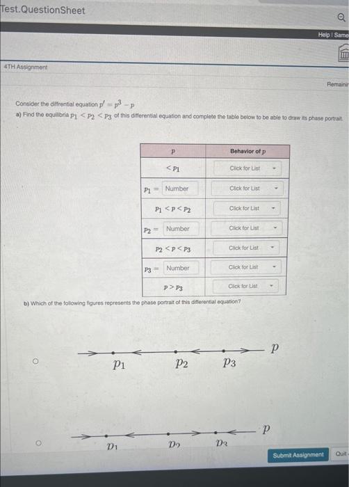 Test Questionsheet 4th Assignment D1 Remainin Consider The Differential Equation P P P A Find The Equilibria Pi P2 P3 1