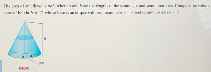 The Area Of An Ellipse Is Ab Where A And B Are The Lengths Of The Semimajor And Semiminor Axes Compute The Volume Cone 1