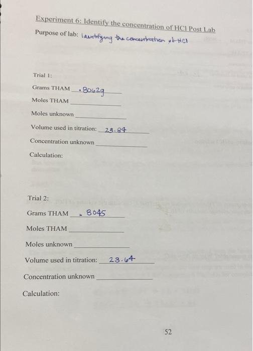 Experiment 6 Identify The Concentration Of Hci Post Lab Purpose Of Lab Laentifying The Concentration Of Trial 1 Grams 1