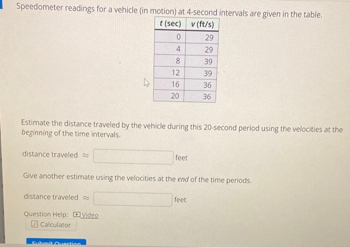 Speedometer Readings For A Vehicle In Motion At 4 Second Intervals Are Given In The Table T Sec V Ft S 0 29 4 29 1