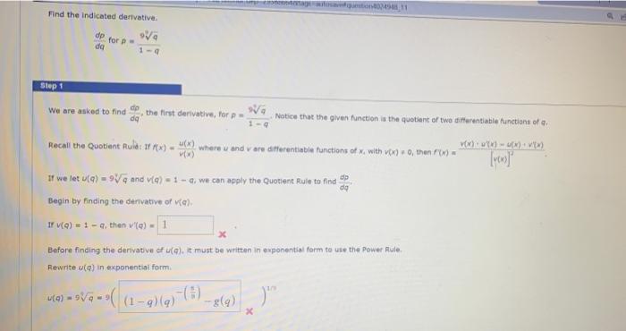 Find The Indicated Derivative Va Dp For P Da 1 4 Step 1 We Are Asked To Find Da Recall The Quotient Ruid If X If We 1