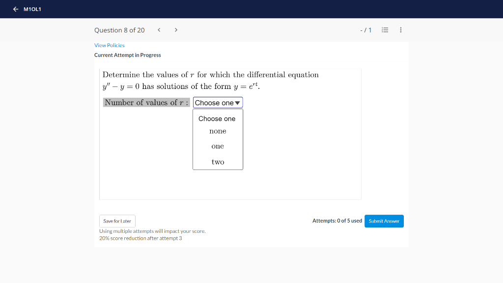 M1ol1 Question 8 Of 20 View Policies Current Attempt In Progress Determine The Values Of R For Which The Differentia 1