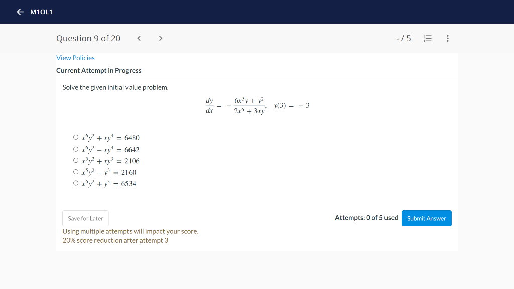 M1ol1 Question 9 Of 20 View Policies Current Attempt In Progress Solve The Given Initial Value Problem O X Xy 1