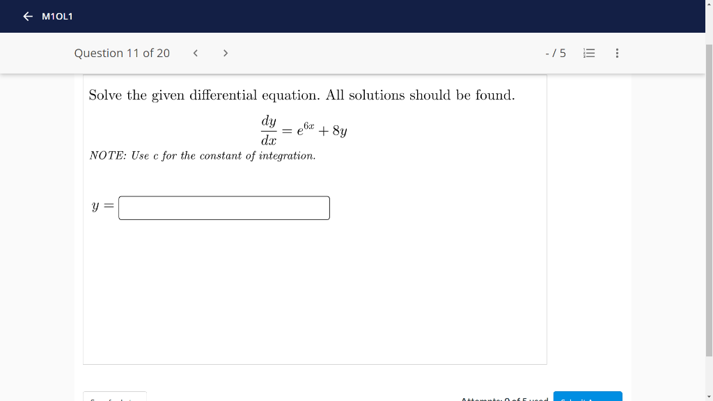 M1ol1 Question 11 Of 20 Solve The Given Differential Equation All Solutions Should Be Found Dy 6x Dx E 8y No 1