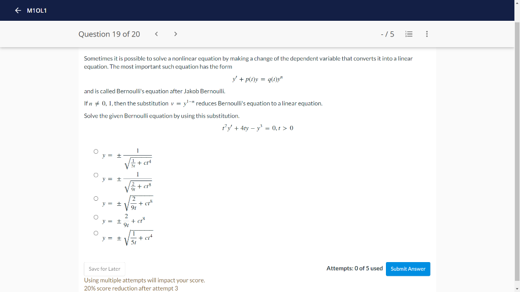 M10l1 Question 19 Of 20 15 Sometimes It Is Possible To Solve A Nonlinear Equation By Making A Change Of The Depen 1