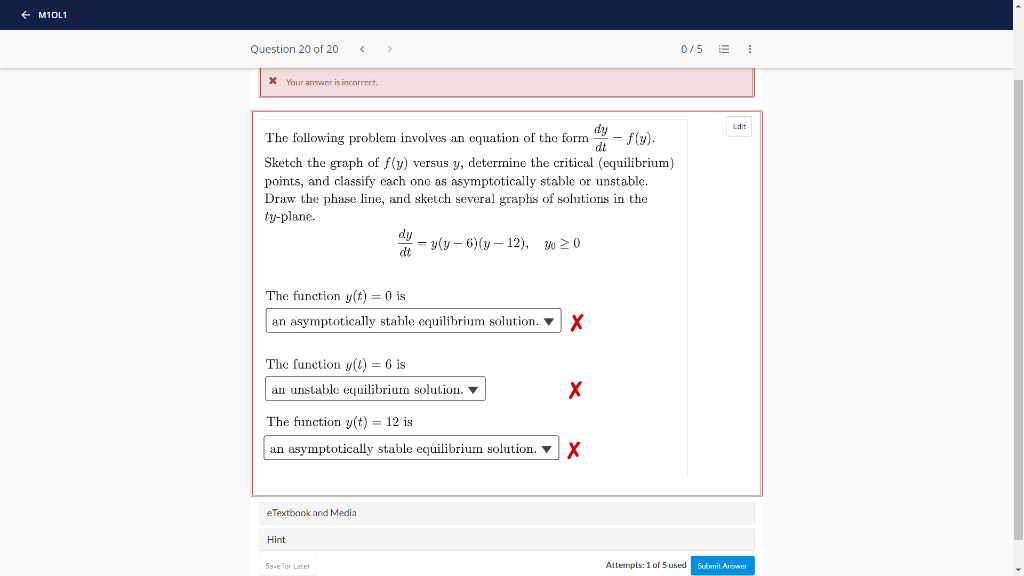 M1ol1 Question 20 Of 20 0 5 Your Answer Is Incorrect Dy The Following Problem Involves An Equation Of The Form 1