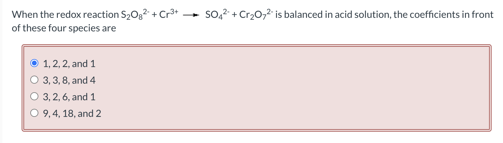 When The Redox Reaction S2082 Cr3 Of These Four Species Are So42 Cr2022 Is Balanced In Acid Solution The Coeffic 1