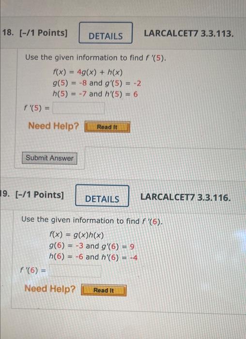 18 1 Points Larcalcet7 3 3 113 Larcalcet7 3 3 116 Details Use The Given Information To Find F 5 F X 4g X 1