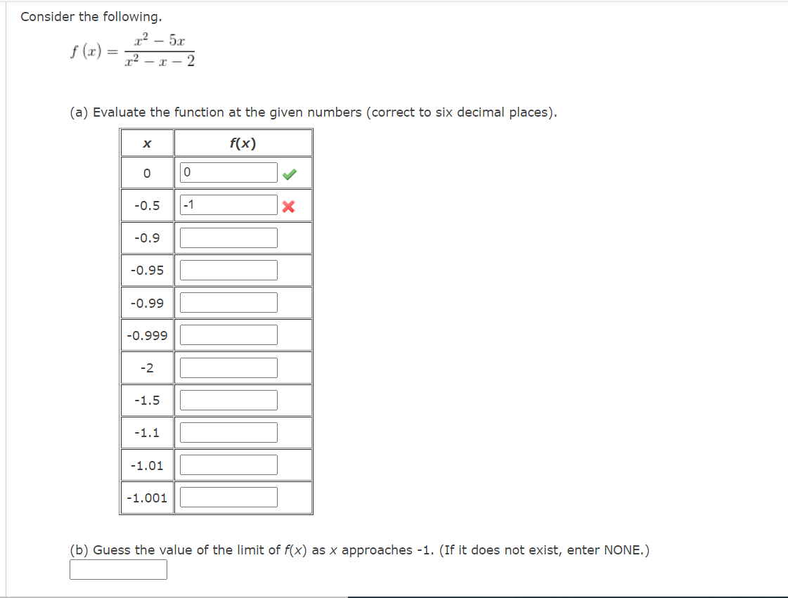 Consider The Following F X X 5x X X 2 A Evaluate The Function At The Given Numbers Correct To Six Decimal Place 1