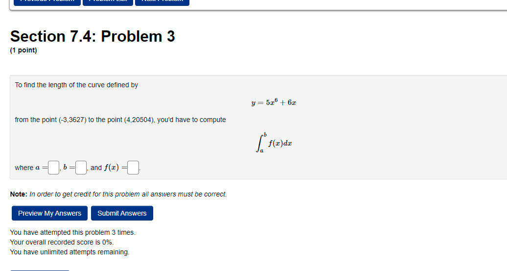 Section 7 4 Problem 3 1 Point To Find The Length Of The Curve Defined By From The Point 3 3627 To The Point 4 205 1