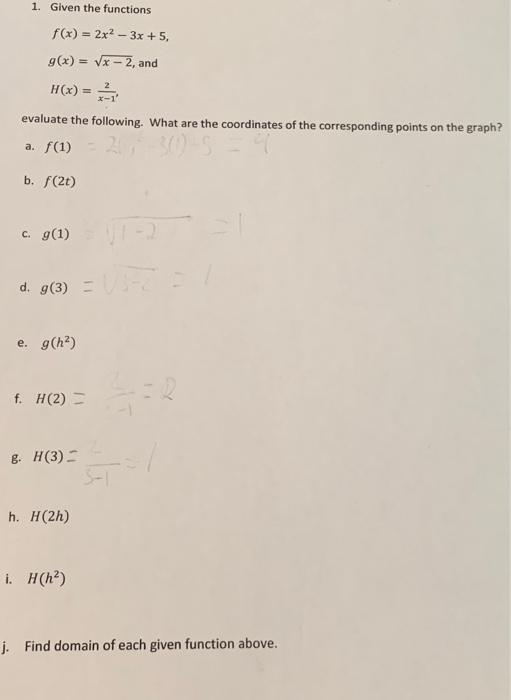 1 Given The Functions F X 2x 3x 5 G X X 2 And H X Evaluate The Following What Are The Coordinates Of Th 1