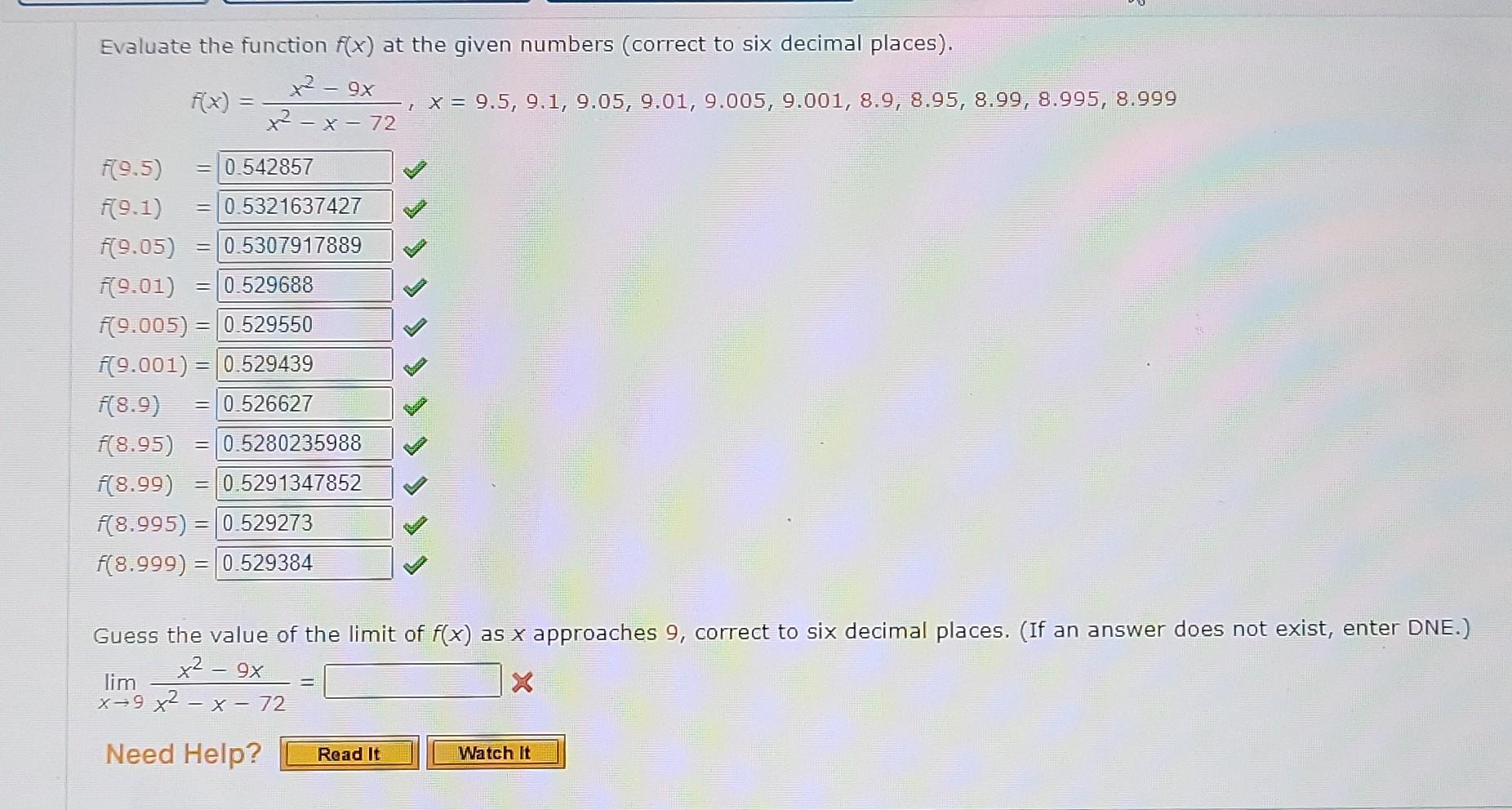Evaluate The Function F X At The Given Numbers Correct To Six Decimal Places 9x X 9 5 9 1 9 05 9 01 9 1