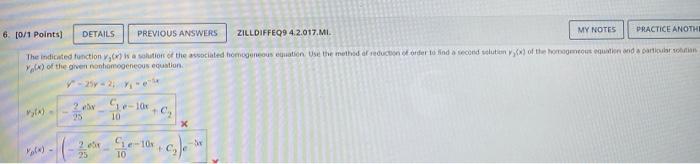 6 0 1 Points Details Previous Answers Zilldiffeq9 4 2 017 Mi My Notes Practice Anothe The Indicated Function Y X Is 1