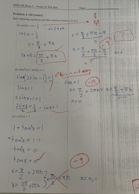 Mth 108 Exam 2 Version B Fall 2021 Problem 2 50 Points Solve Following Equations And Find Solutions Between 0 2 U 2 1