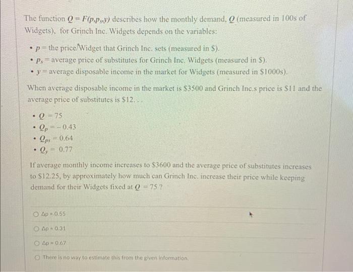 The Function Q F P Py Describes How The Monthly Demand Q Measured In 100s Of Widgets For Grinch Inc Widgets Depend 1