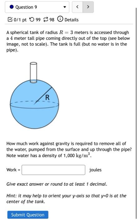 Question 9 0 1 Pt 99 98 Details A Spherical Tank Of Radius R 3 Meters Is Accessed Through A 4 Meter Tall Pipe Comi 1