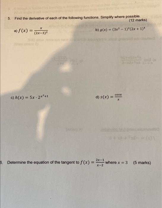 5 Find The Derivative Of Each Of The Following Functions Simplify Where Possible 12 Marks X A F X 2x 3 B G 1