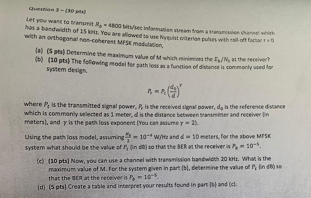 Question 3 30 Pts Let You Want To Transmit R 4800 Bits Sec Information Stream From A Transmission Channel Which Has 1