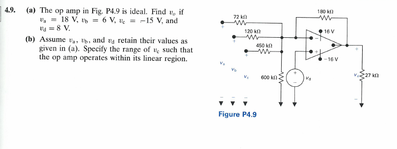 4 9 A The Op Amp In Fig P4 9 Is Ideal Find V If Va 18 V Ub 6 V Vc 15 V And Vd 8 V B Assume Va Ub A 1