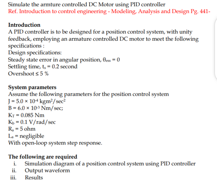 Simulate The Armture Controlled Dc Motor Using Pid Controller Ref Introduction To Control Engineering Modeling Analy 1