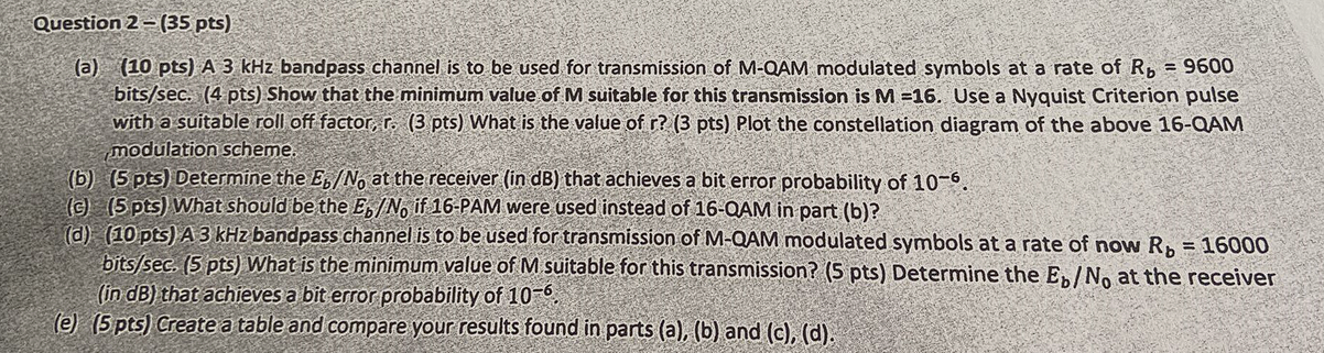 Question 2 35 Pts A 10 Pts A 3 Khz Bandpass Channel Is To Be Used For Transmission Of M Qam Modulated Symbols At A 1