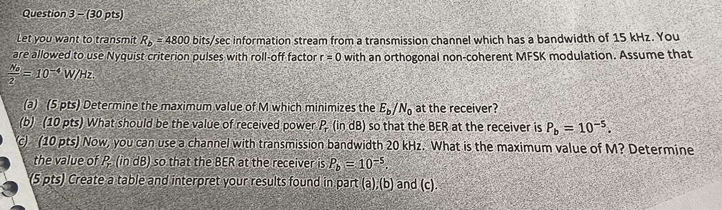 Question 3 30 Pts Let You Want To Transmit R 4800 Bits Sec Information Stream From A Transmission Channel Which Has A 1
