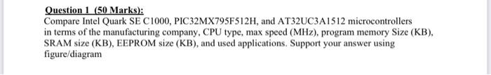Question 1 50 Marks Compare Intel Quark Se C1000 Pic32mx795f512h And At32uc3a1512 Microcontrollers In Terms Of The 1