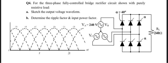 Q4 For The Three Phase Fully Controlled Bridge Rectifier Circuit Shown With Purely Resistive Load A Sketch The Output 1