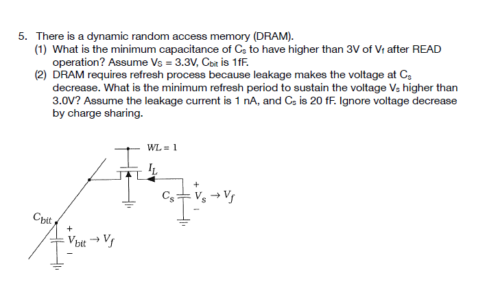 5 There Is A Dynamic Random Access Memory Dram 1 What Is The Minimum Capacitance Of Cs To Have Higher Than 3v Of V 1
