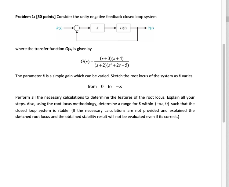 Problem 1 50 Points Consider The Unity Negative Feedback Closed Loop System R S K G S Y S Where The Transfer Funct 1