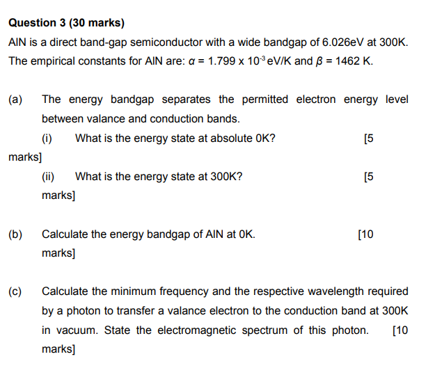 Question 3 30 Marks Ain Is A Direct Band Gap Semiconductor With A Wide Bandgap Of 6 026ev At 300k The Empirical Const 1