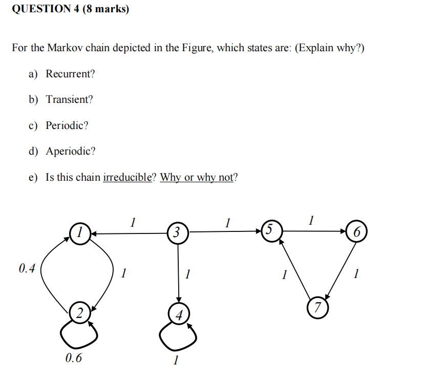 Question 4 8 Marks For The Markov Chain Depicted In The Figure Which States Are Explain Why A Recurrent B Tran 1