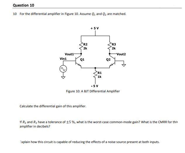 Question 10 10 For The Differential Amplifier In Figure 10 Assume Q And Q2 Are Matched 5 V R3 2k Vout1 Vin1 R2 2k 1