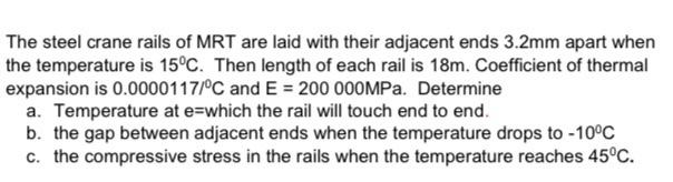 The Steel Crane Rails Of Mrt Are Laid With Their Adjacent Ends 3 2mm Apart When The Temperature Is 15 C Then Length Of 1