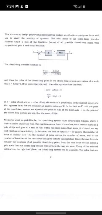7 34 This Lab Aims To Design Proportional Controller For Certain Specifications Using Root Locus And Use To Study The St 1