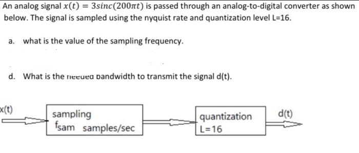 An Analog Signal X T 3sinc 200nt Is Passed Through An Analog To Digital Converter As Shown Below The Signal Is Samp 1