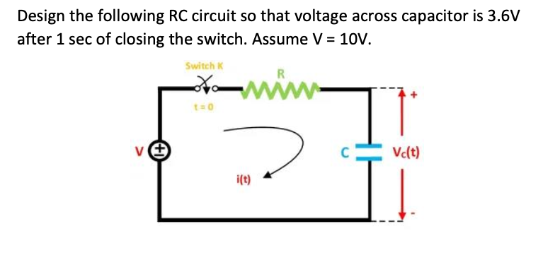 Design The Following Rc Circuit So That Voltage Across Capacitor Is 3 6v After 1 Sec Of Closing The Switch Assume V 1 1